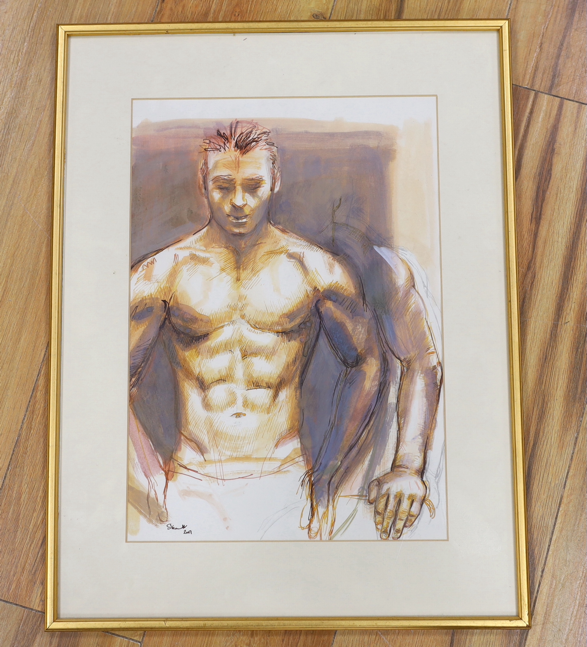 Ink and watercolour, Study of a shirtless male, indistinctly signed, 40x28cm